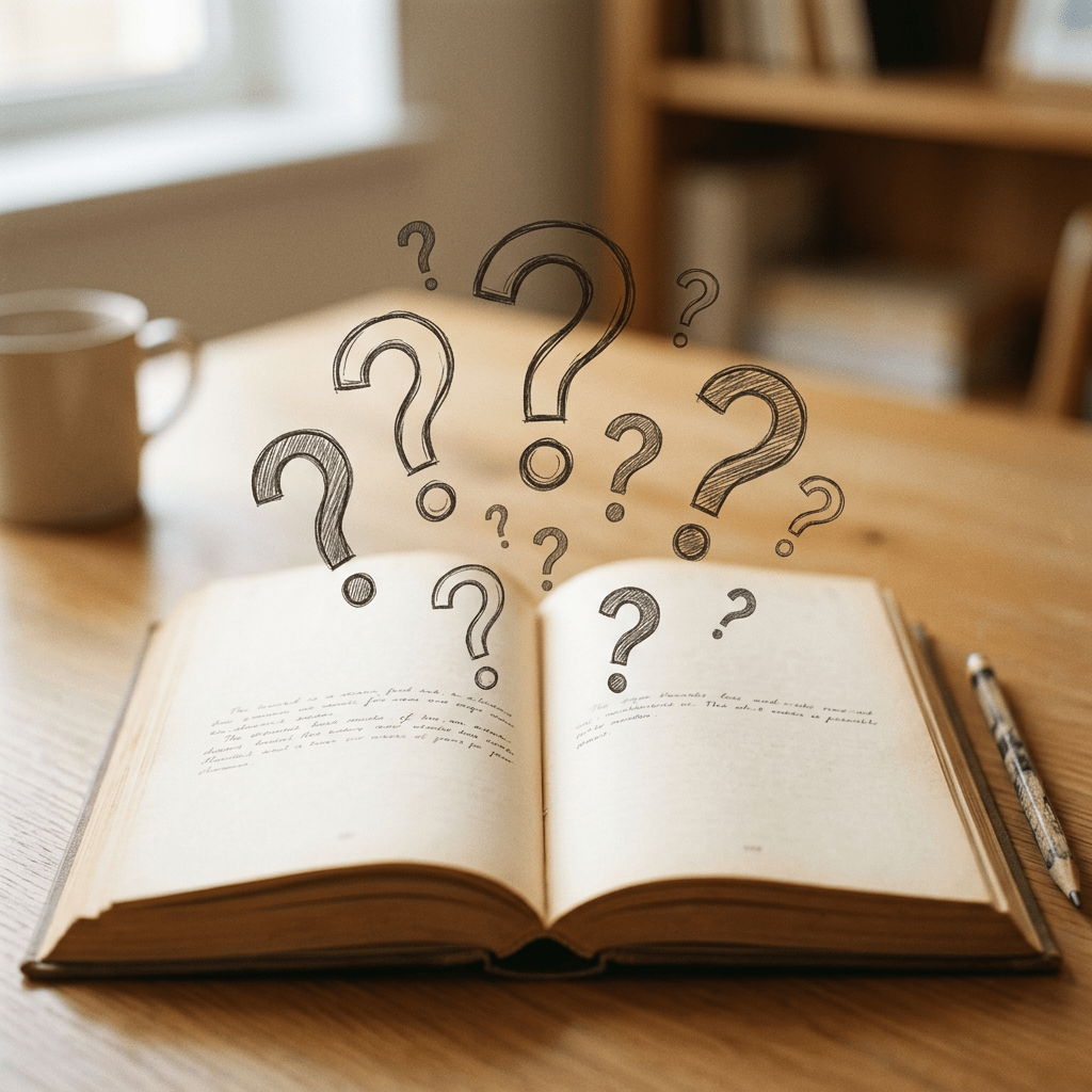 Open book on table with illustrated question marks above