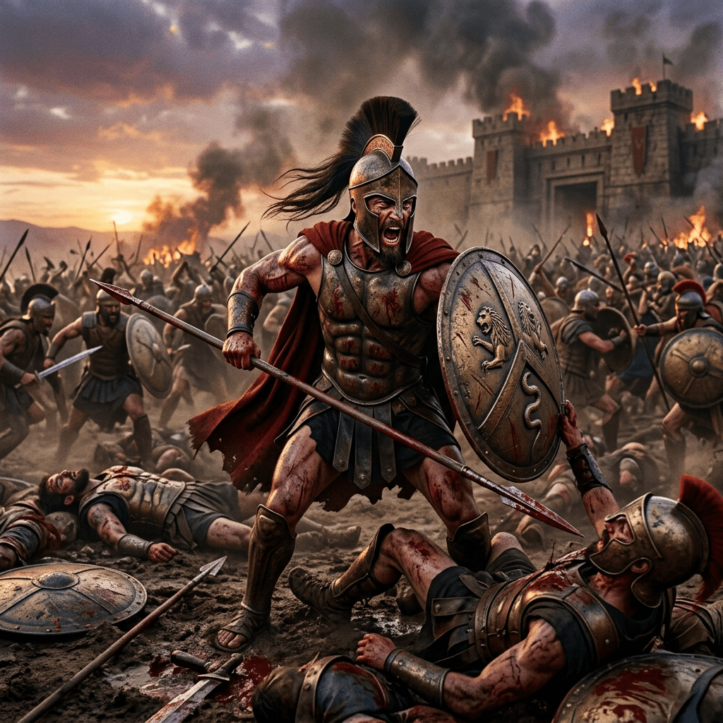 Spartan warrior shouting and fighting on bloody battlefield with burning castle in background