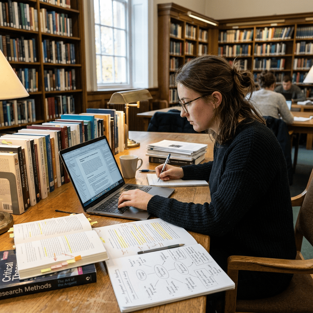 Student studying with laptop and handwritten notes in a library
